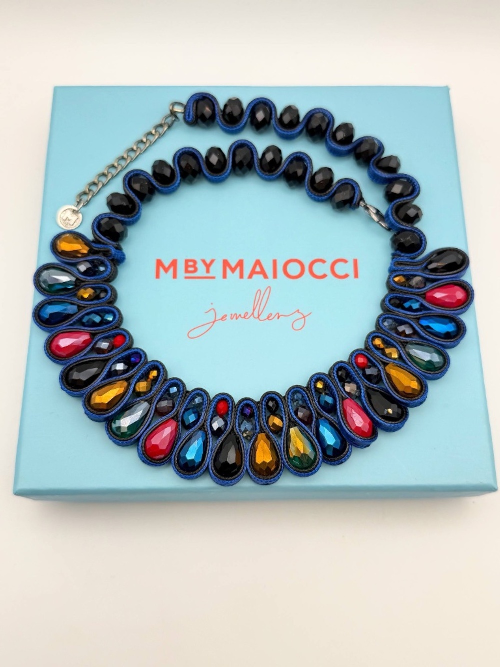 Maiocci Blue Handmade Knitted Multicolor Stone Bead Ladies Necklace Chain